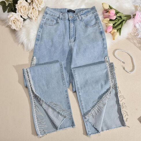 Women High Waisted Jeans Straight Wide Leg Pants with Rhinestone Fringe Trim Split On The Side in Kuwait