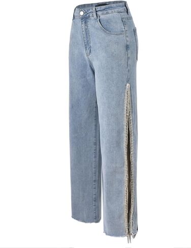 Women High Waisted Jeans Straight Wide Leg Pants with Rhinestone Fringe Trim Split On The Side in Kuwait