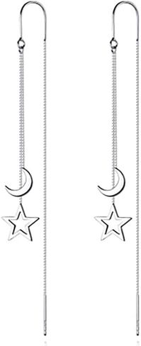 Reffeer Solid 925 Sterling Silver Moon Star Threader Dangle Earrings Chain for Women Teens Long Dangle Earrings Tassel Chain in Saudi Arabia