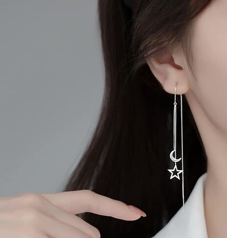 Reffeer Solid 925 Sterling Silver Moon Star Threader Dangle Earrings Chain for Women Teens Long Dangle Earrings Tassel Chain in Saudi Arabia