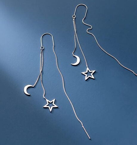 Reffeer Solid 925 Sterling Silver Moon Star Threader Dangle Earrings Chain for Women Teens Long Dangle Earrings Tassel Chain in Saudi Arabia