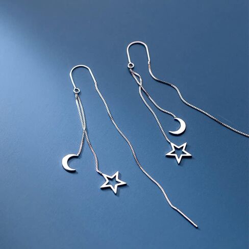 Reffeer Solid 925 Sterling Silver Moon Star Threader Dangle Earrings Chain for Women Teens Long Dangle Earrings Tassel Chain in Saudi Arabia