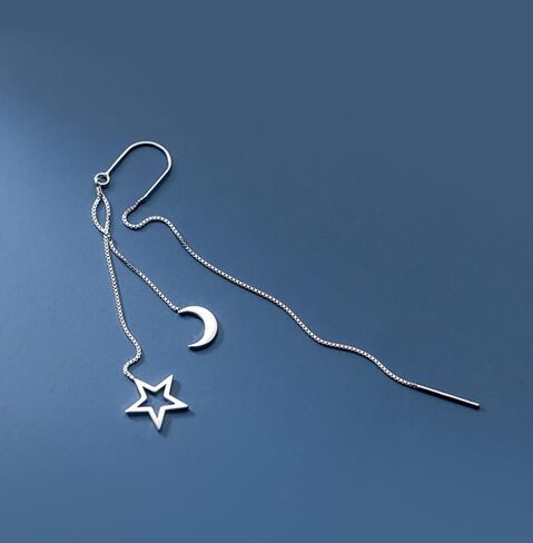 Reffeer Solid 925 Sterling Silver Moon Star Threader Dangle Earrings Chain for Women Teens Long Dangle Earrings Tassel Chain in Saudi Arabia