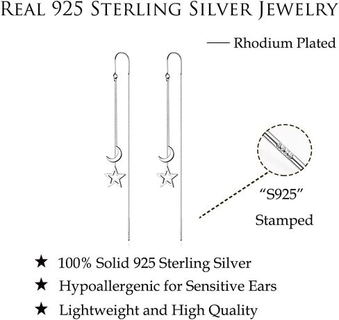 Reffeer Solid 925 Sterling Silver Moon Star Threader Dangle Earrings Chain for Women Teens Long Dangle Earrings Tassel Chain in Saudi Arabia