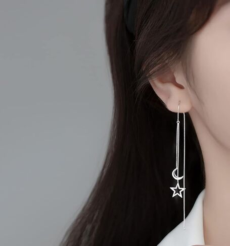 Reffeer Solid 925 Sterling Silver Moon Star Threader Dangle Earrings Chain for Women Teens Long Dangle Earrings Tassel Chain in Saudi Arabia