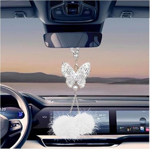 إكسسوارات تعليق السيارة على شكل فراشة بلينغ، حلية زينة مرآة الرؤية الخلفية للسيارة من حجر الراين الكريستالي، زينة داخلية للسيارة من Lucky Diamond للنساء والفتيات، مقاس عالمي (وردي) in Kuwait