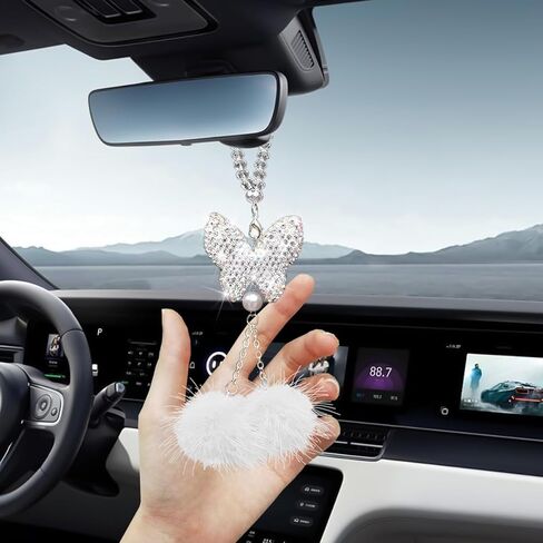 إكسسوارات تعليق السيارة على شكل فراشة بلينغ، حلية زينة مرآة الرؤية الخلفية للسيارة من حجر الراين الكريستالي، زينة داخلية للسيارة من Lucky Diamond للنساء والفتيات، مقاس عالمي (وردي) in Kuwait