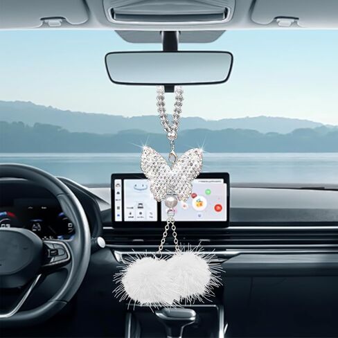 إكسسوارات تعليق السيارة على شكل فراشة بلينغ، حلية زينة مرآة الرؤية الخلفية للسيارة من حجر الراين الكريستالي، زينة داخلية للسيارة من Lucky Diamond للنساء والفتيات، مقاس عالمي (وردي) in Kuwait