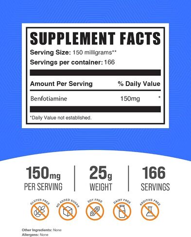 BulkSupplements.com Benfotiamine Powder - Thiamine B1 Supplement, Benfotiamine Supplement - Benfotiamine 150mg, Gluten Free - 150mg per Serving, 25g (0.88 oz) (Pack of 1) in Kuwait