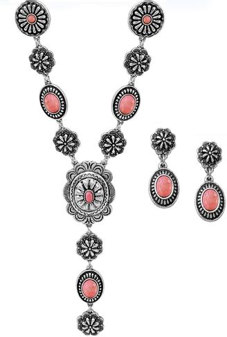 Rosemarie & Jubalee Women's Stunning Vintage Western Style Conchos And Semi Precious Howlite Stone Y-Drop Necklace Earring Gift Set, 22"+3" Extender in Kuwait