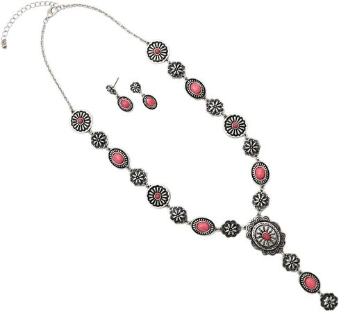 Rosemarie & Jubalee Women's Stunning Vintage Western Style Conchos And Semi Precious Howlite Stone Y-Drop Necklace Earring Gift Set, 22"+3" Extender in Kuwait