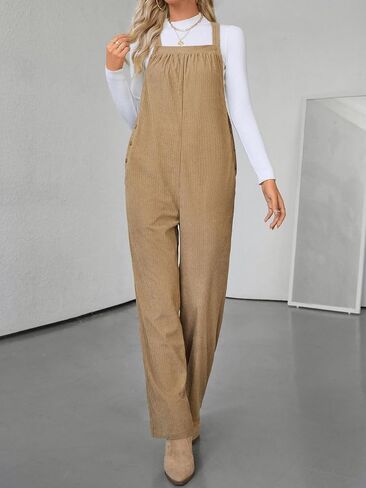 Corduroy Overalls - Plaid Wide Leg Overall Jumpsuit for Women, Featuring Adjustable Straps and Loose Fit Design in Saudi Arabia