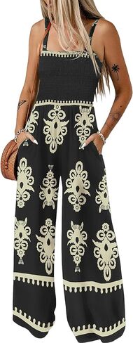 Bsubseach Womens Boho Casual Jumpsuits Retro Print One Piece Overalls Sleeveless Wide Leg Long Pant Rompers with Pockets in Kuwait