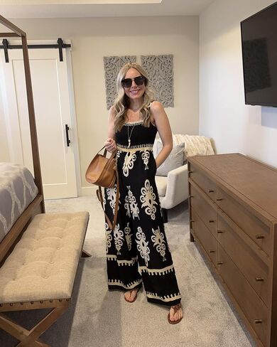 Bsubseach Womens Boho Casual Jumpsuits Retro Print One Piece Overalls Sleeveless Wide Leg Long Pant Rompers with Pockets in Kuwait