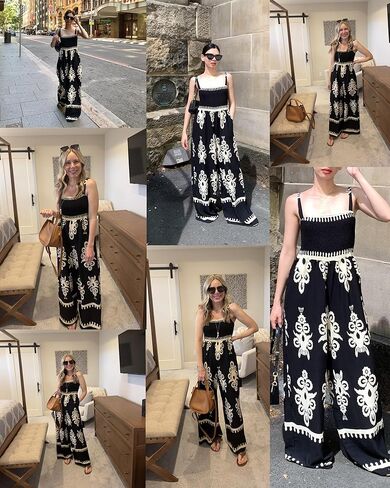 Bsubseach Womens Boho Casual Jumpsuits Retro Print One Piece Overalls Sleeveless Wide Leg Long Pant Rompers with Pockets in Kuwait