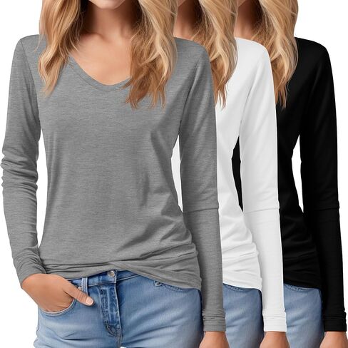 Riyiper 3 Pack Women's Long Sleeve Shirts, Casual V Neck Tops Loose Fit Shirts Basic Tees Fall Trendy Outfits Clothes 2024 in Saudi Arabia