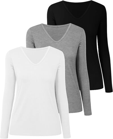 Riyiper 3 Pack Women's Long Sleeve Shirts, Casual V Neck Tops Loose Fit Shirts Basic Tees Fall Trendy Outfits Clothes 2024 in Saudi Arabia