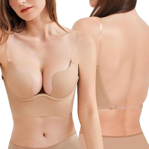 JoyFox Women's Low Back Bras with Clear Straps Push Up Deep V Plunge Bra Low Cut Multiway Convertible Bra Add Cup in Kuwait