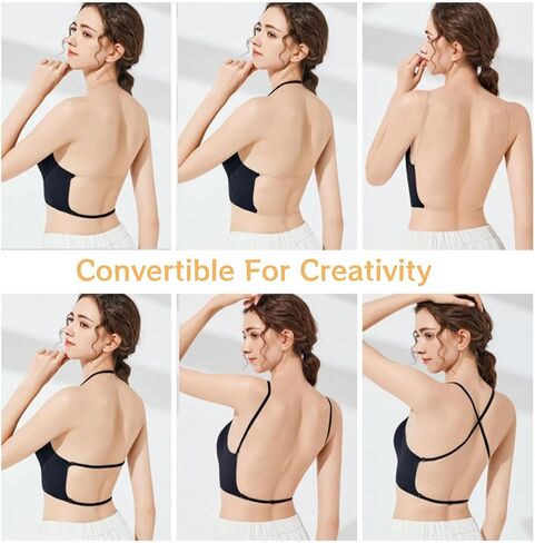 JoyFox Women's Low Back Bras with Clear Straps Push Up Deep V Plunge Bra Low Cut Multiway Convertible Bra Add Cup in Kuwait