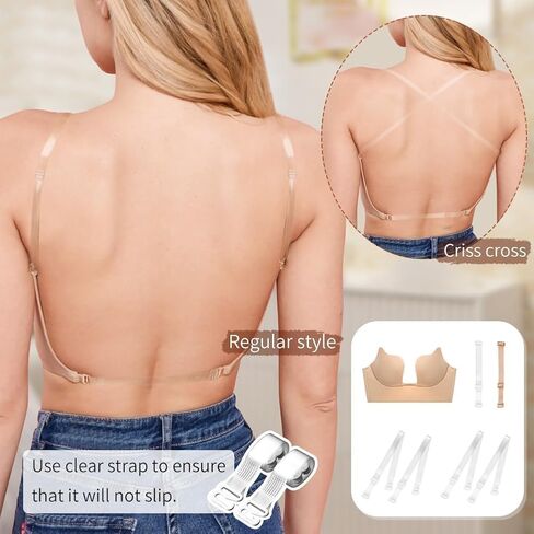 JoyFox Women's Low Back Bras with Clear Straps Push Up Deep V Plunge Bra Low Cut Multiway Convertible Bra Add Cup in Kuwait