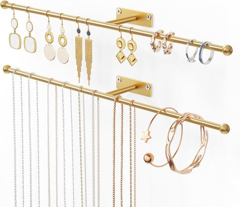 Hanging Jewelry Organizer Wall Mounted: 12.6'' Necklace Hanger for Earring, Bracelet, Rings, Gold 2-Pack, Screws Included in Saudi Arabia