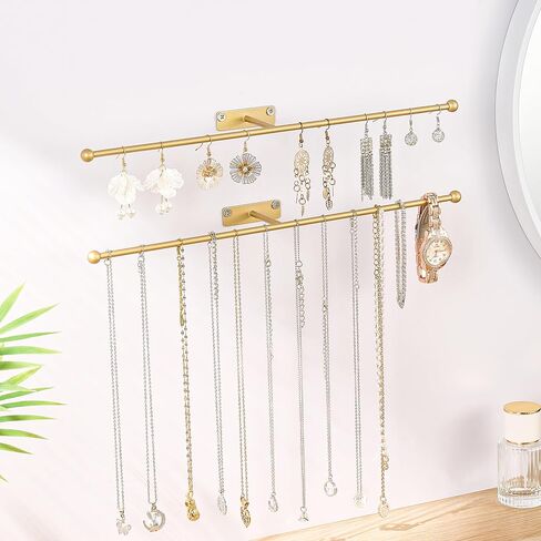 Hanging Jewelry Organizer Wall Mounted: 12.6'' Necklace Hanger for Earring, Bracelet, Rings, Gold 2-Pack, Screws Included in Saudi Arabia