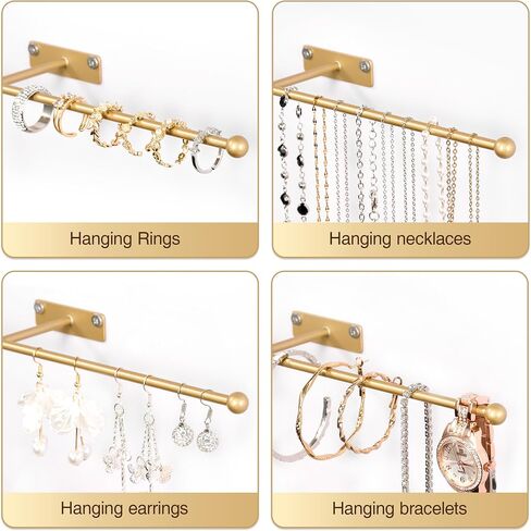 Hanging Jewelry Organizer Wall Mounted: 12.6'' Necklace Hanger for Earring, Bracelet, Rings, Gold 2-Pack, Screws Included in Saudi Arabia