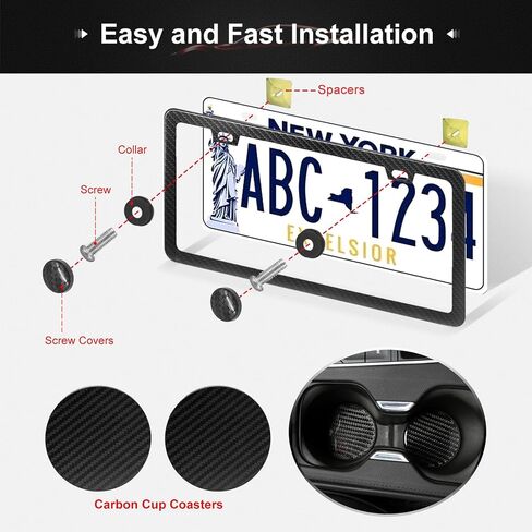 Carbon Fiber License Plate Frames Black, 2 Pack Car Plate Frame with Coasters Front and Rear Slim Thin Rust-Proof Universal Car Tag Holder in Saudi Arabia