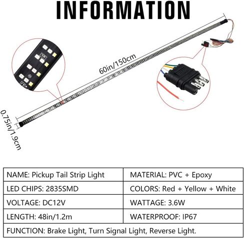 1797 LED Pickup Truck Tail Light Strip Tailgate Rear Turn Signal Brake Reverse Back up Light Bar Accessories for Ford Chevrolet Dodge Toyota Pickup Bright Safe Waterproof Red Yellow White 48in 1.2m in Saudi Arabia