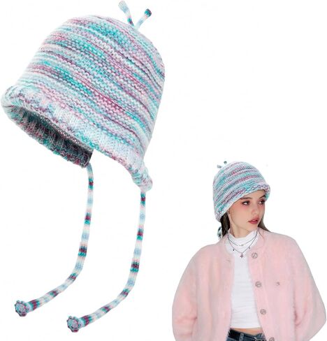 Handmade Knitted Winter Warm Foldable Bucket Hat with Adjustable Tie Strap in Fashionable Color Blocking Crochet Cap in Saudi Arabia