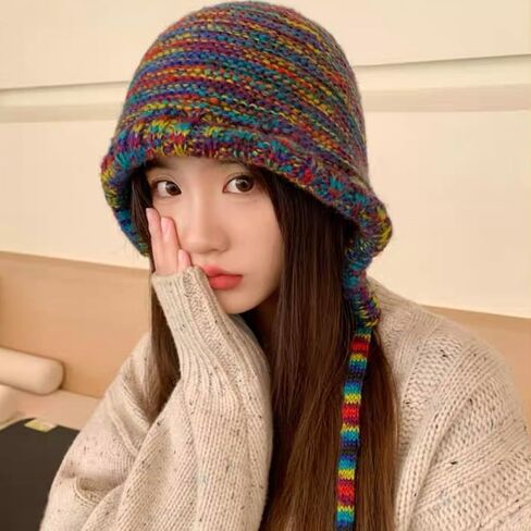 Handmade Knitted Winter Warm Foldable Bucket Hat with Adjustable Tie Strap in Fashionable Color Blocking Crochet Cap in Saudi Arabia