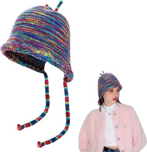 Handmade Knitted Winter Warm Foldable Bucket Hat with Adjustable Tie Strap in Fashionable Color Blocking Crochet Cap in Saudi Arabia