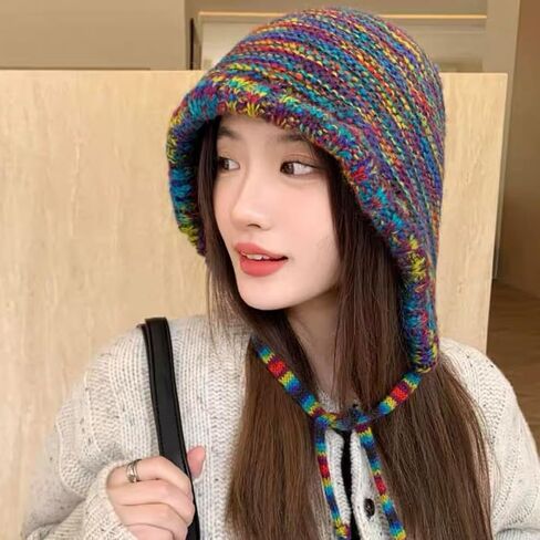 Handmade Knitted Winter Warm Foldable Bucket Hat with Adjustable Tie Strap in Fashionable Color Blocking Crochet Cap in Saudi Arabia