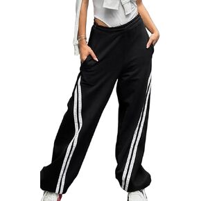 Women's Baggy Wide Leg Sweatpants with 2 Pockets Casual Adjustable Black Stripe Work Pants Trousers Lounge Pants