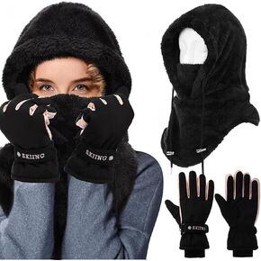 Winter Fleece Balaclava Ski Mask with Gloves Thermal Ski Mask Windproof Beanie Hat Balaclava Fleece Face Mask Touchscreen Ski Snow Gloves for Women Cold Weather