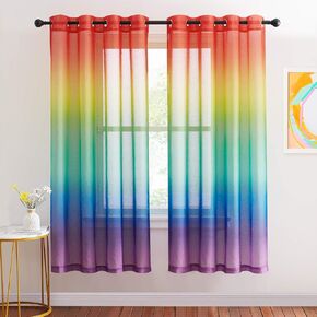 NICETOWN Colorful Curtains, Rainbow Ombre Sheer Curtains for Bedroom Girls Room Decor Ombre Pattern Window Short Sheer Curtains for Girly Nursery Kids Daughter Room (55 x 63 Inch Length, Set of 2)