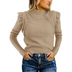 Saodimallsu Womens Cable Knit Sweaters Mock Neck Fringe Fitted Long Sleeve Boho Trendy Pullover Tops