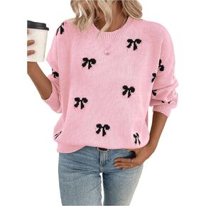 Milumia Women's Bow Print Knit Sweater Crew Neck Drop Shoulder Long Sleeve Knitted Pullover Top Knitwear