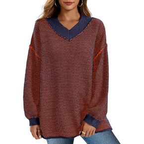 Saodimallsu Womens Oversized V Neck Sweaters Cable Knit Batwing Sleeve Drop Shoulder Tunic Tops