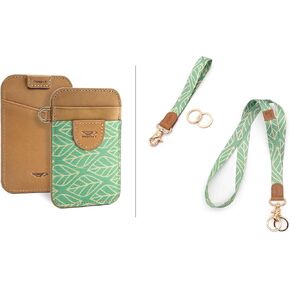 POCKT Slim Card Holder Wallet + Wrist and Neck Lanyard for Keys Bundle for Women | Leaves