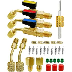 Refrigerant Angled Compact Ball Valve HVAC Low Loss Fitting Fit for R410A R134A R12 R22 w/ R410A Adapter, R134A Refrigerant Tank Adapter and Vacuum Pump, Valve Core and Remover for Mini Split System