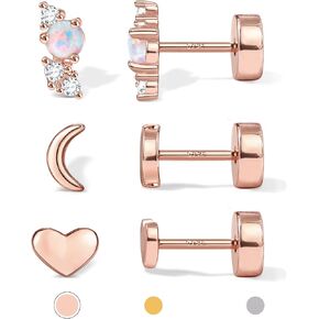 Hypoallergenic Flat Back Earrings for Women | 14K Gold Plated Sterling Silver Post Stud | Cartilage Helix Conch Tragus Piercing Jewelry 3 Pairs Tiny Screw Dainty CZ Opal Earring Set Men