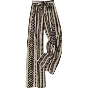 SHENHE Women's Striped Wide Leg Geo Print Boho Pants Belted Loose Flowy Palazzo Pants