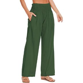 Women's Summer Palazzo Pants Linen High Waist Wide Leg Lounge Pant Casual Vacation Outfits with Pockets