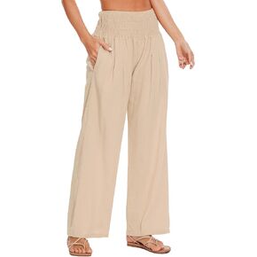 Women's Summer Palazzo Pants Linen High Waist Wide Leg Lounge Pant Casual Vacation Outfits with Pockets in Kuwait