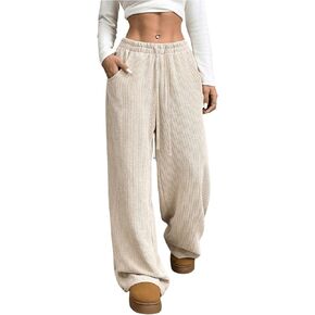 Women's Wide Leg Corduroy Pants Drawstring High Waist Baggy Sweatpants Long Trousers with Pockets