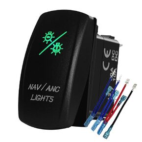 Green Led 7Pins On-Off-On Navigation Lights Anchor Lights Rocker Switch with Wires for Marine Vehicle Boat Yacht Ship Craft Central Console 12V 24V