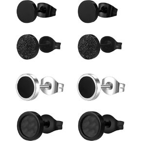 Black Round Stud Earrings Set Stainless Steel Ear Studs for Men Women 4 Pairs 6MM 8MM 10MM