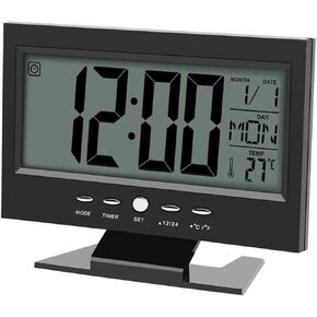 LCD Digital Sound Sensor Table Desk Alarm Clock,Temp Display Electric Clock with Calendar and Temp Display for Home Office (Black)