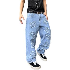 Mens Baggy Jeans Patched Letter Badge Wide Leg Denim Pants Y2k Hip Hop Casual Loose Trousers